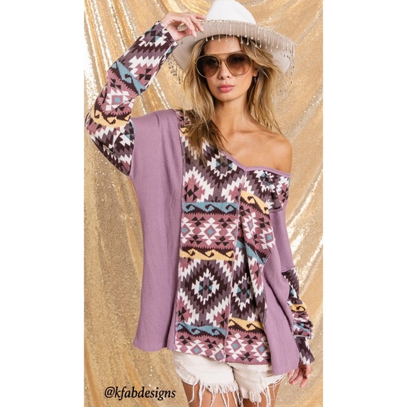 LAST 1! V Neck Mauve/Lilac Mix Aztec Print Soft Color Block Top - Picture 5 of 11